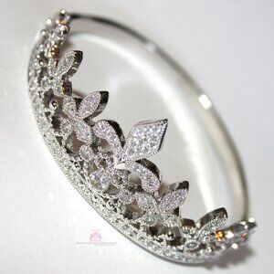 Clear Pave Cubic Zirconia Fleur-de-Lis Princess Crown Hinged Cuff Bracelet 7.5"